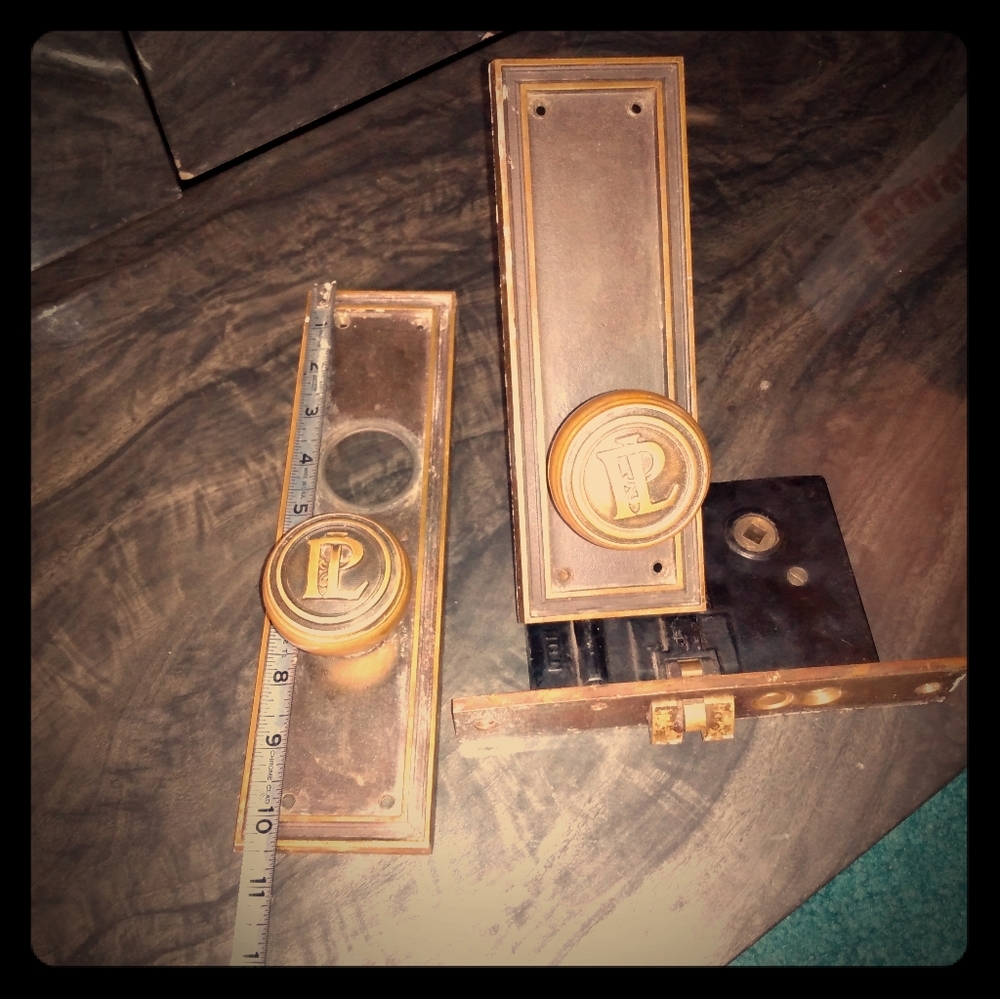 Vintage Corbin brass door handle and faceplates